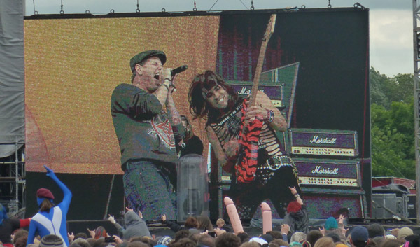 Corey Taylor and Satchel from Steel Panther on stage at Download 2012