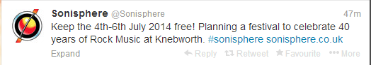 Another tweet from the official Sonisphere account confirming an event in July 2014