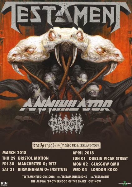 Testament Brotherhood Of The Snake 2018 UK Tour Poster